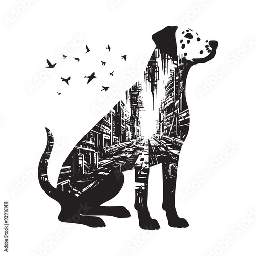 silhouette of dalmatian, filled with destroyed futuristic dystopia environment in rough drawing,