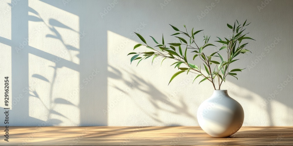 White Vase with Green Plant on Wooden Table Against a White Wall with Light and Shadow White Vase with Green Plant on Wooden Table Against a White Wall with Light and Shadow