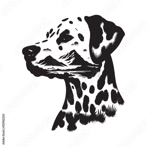silhouette of dalmatian, filled with mountain and nature view in rough drawing,