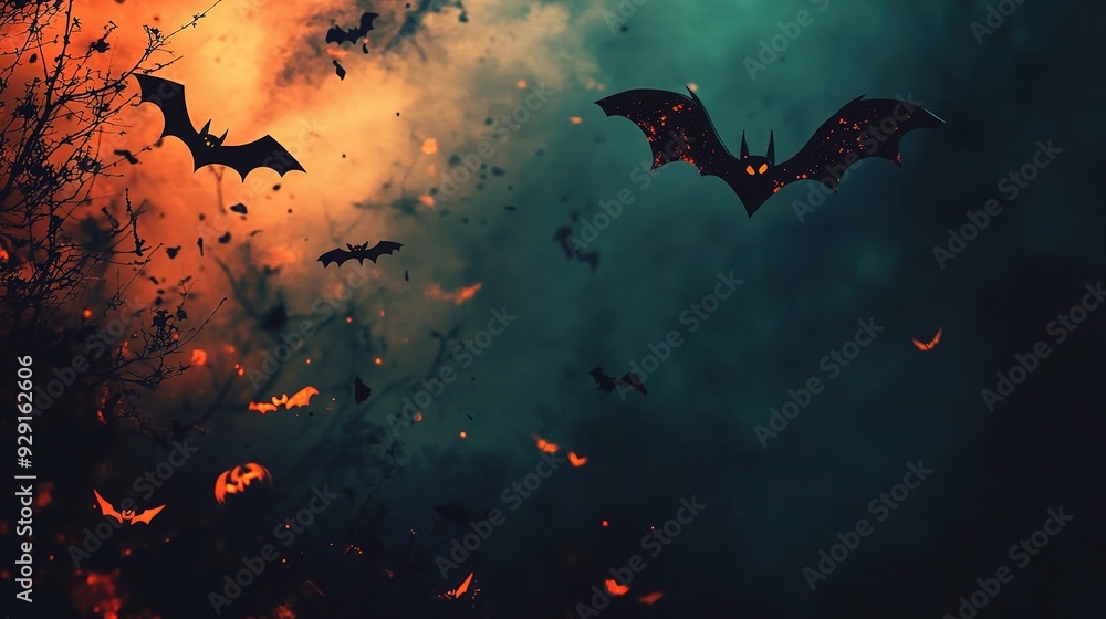 Bats in the Night: A haunting and atmospheric image of bats flying through a stormy sky, perfect for Halloween, gothic, and spooky themes. Bats in the Night: A haunting and atmospheric image of bats flying through a stormy sky, perfect for Halloween, gothic, and spooky themes.