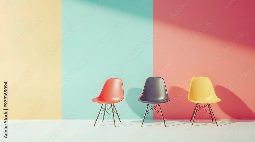 Three Colorful Chairs Against a Wall Three Colorful Chairs Against a Wall
