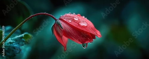 A stunning red flower with dew drops glistening in soft light