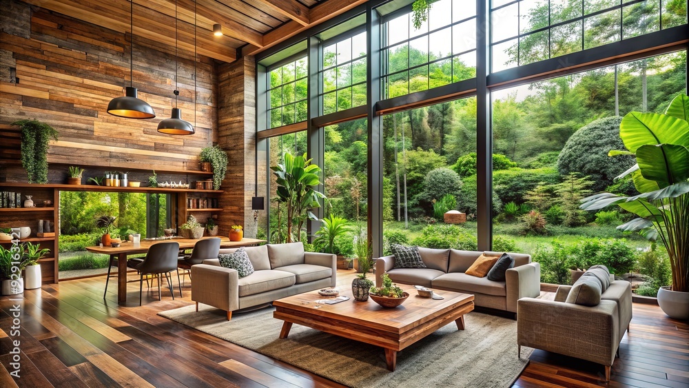 Sustainable modern home interior featuring reclaimed wood accents, large windows, and lush greenery, blending seamlessly with nature in harmony with the environment. Sustainable modern home interior featuring reclaimed wood accents, large windows, and lush greenery, blending seamlessly with nature in harmony with the environment.