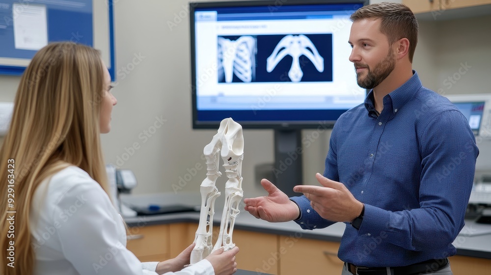 Obraz premium A medical professional educates a patient with a skeletal model while discussing anatomy