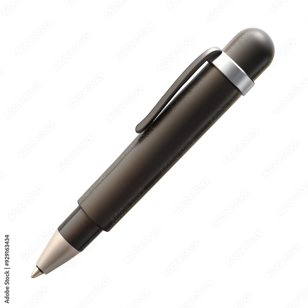 3D black modern ballpoint pen with a sleek silver clip. The pen features a smooth, minimalist design and a functional clip for easy attachment. Isolated on transparent background, png. 3D black modern ballpoint pen with a sleek silver clip. The pen features a smooth, minimalist design and a functional clip for easy attachment. Isolated on transparent background, png.