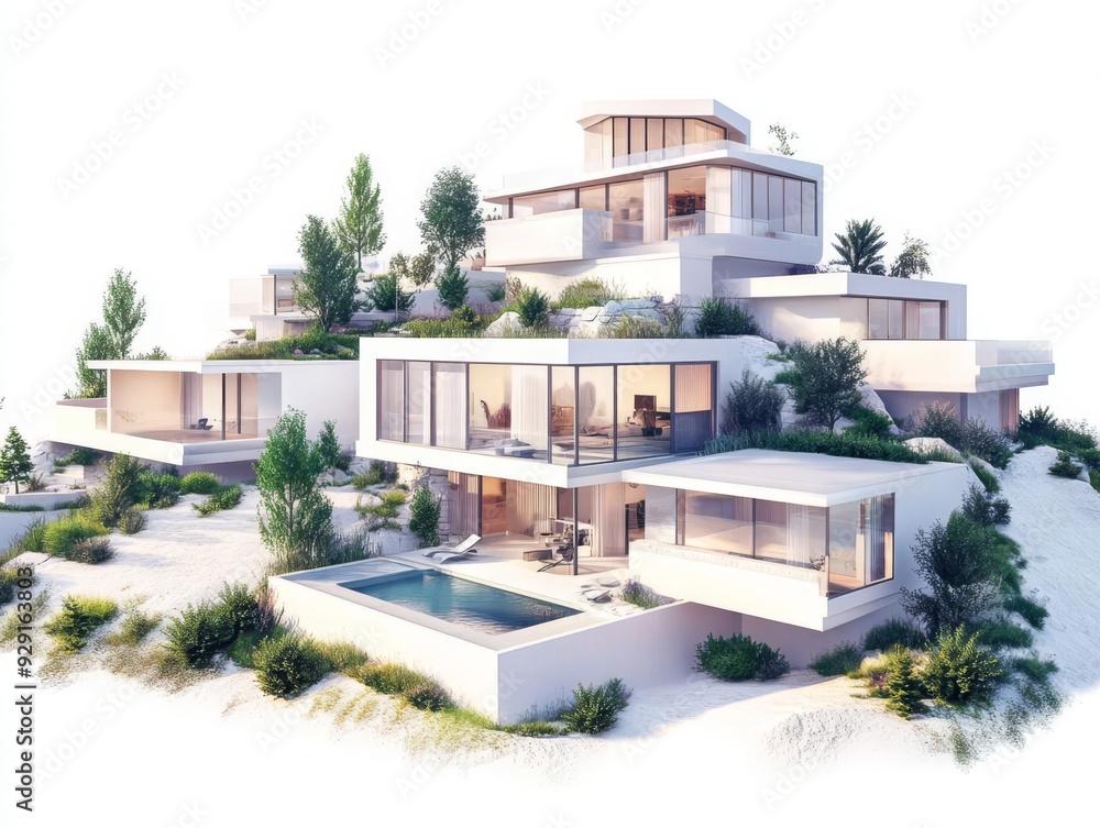 Fototapeta premium Modern village, hillside homes with panoramic windows, white background, 3D illustration