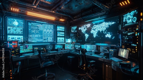 Cyber security operations center, featuring rows of glowing servers, large digital world map on main screen, Room is equipped with multiple workstations