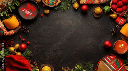 Festive Christmas Frame: A rustic and elegant Christmas frame with a dark background and festive decorations