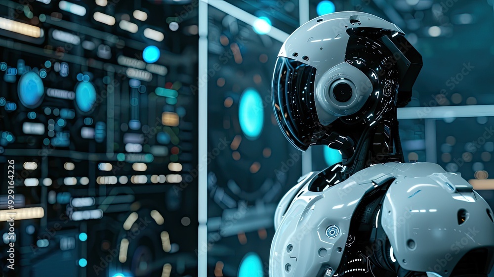 Futuristic Android Robot in a Digital Environment Futuristic Android Robot in a Digital Environment