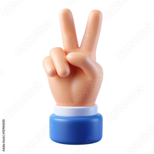 3D hand icon showing the peace or victory gesture with two raised fingers. The hand has a smooth finish and is designed with a blue cuff for a modern look. Isolated on transparent background, png.