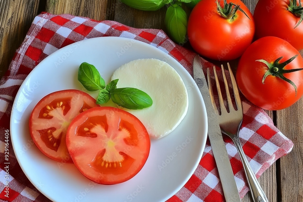 A plate of caprese salad with tomato slices and mozzarella cheese, sprinkled with basil leaves on top A plate of caprese salad with tomato slices and mozzarella cheese, sprinkled with basil leaves on top