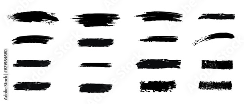 Set of black bristle brush masks. Different shapes of grunge lines. Rectangular shapes with rough edges