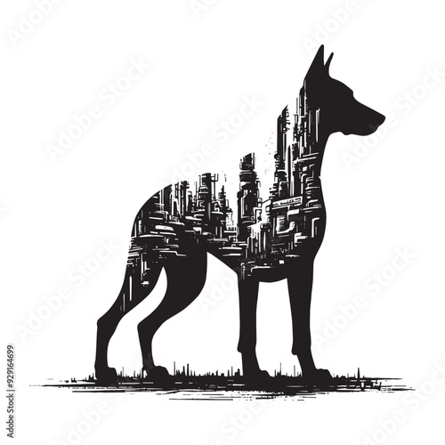 silhouette of Doberman, filled with destroyed futuristic dystopia environment in rough drawing,