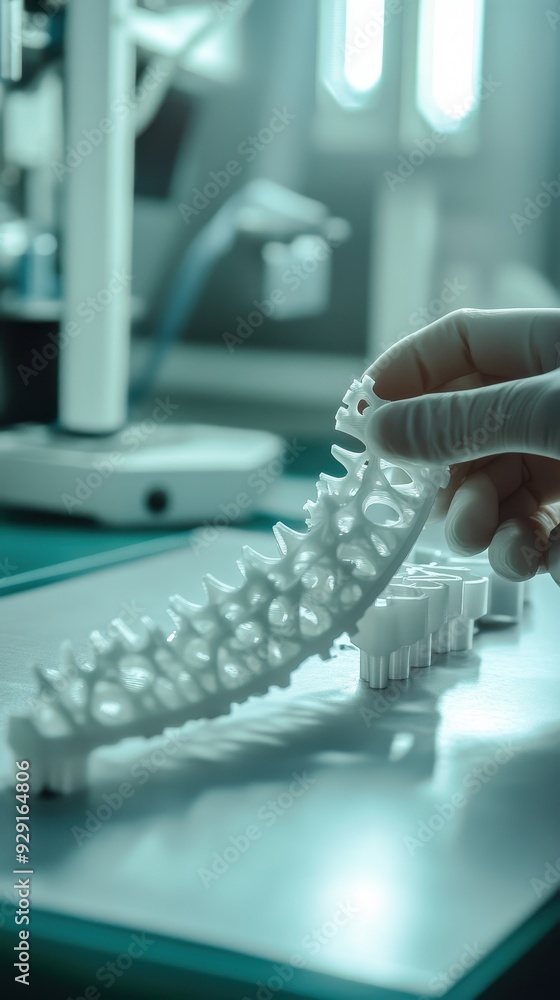 A hand inspects a detailed 3D-printed spinal structure in a laboratory setting A hand inspects a detailed 3D-printed spinal structure in a laboratory setting