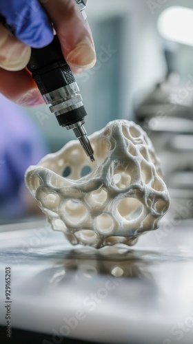 A designer carefully adds details to a 3D printed model with precision tools photo