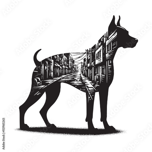 silhouette of Doberman, filled with ghetto street in rough drawing,