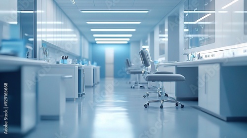 Sterile and Modern: A pristine laboratory corridor, bathed in cool blue light, exudes an aura of scientific precision and innovation. 