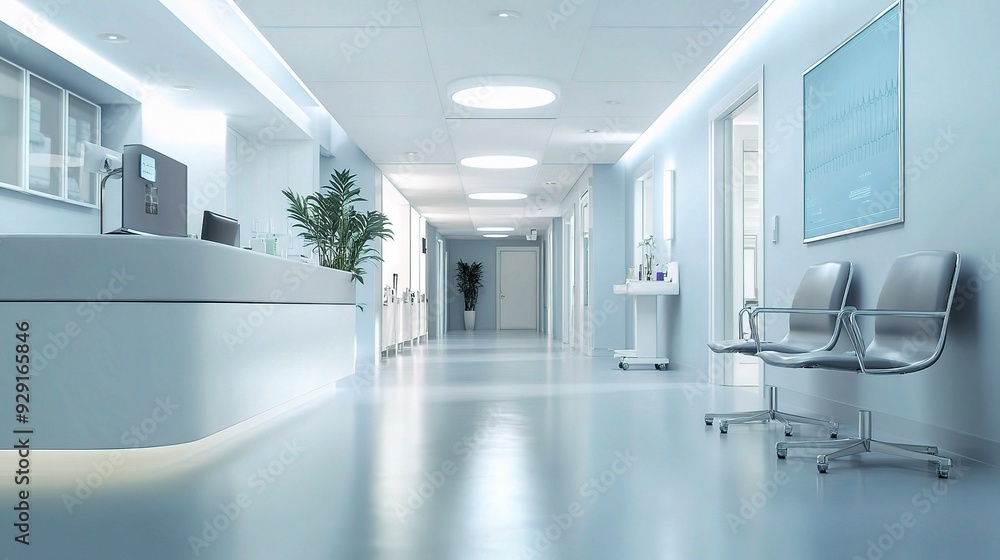 Serene Hospital Hallway: A pristine and modern hospital corridor bathed in cool, calming light, conveying a sense of tranquility and hope. Serene Hospital Hallway: A pristine and modern hospital corridor bathed in cool, calming light, conveying a sense of tranquility and hope.