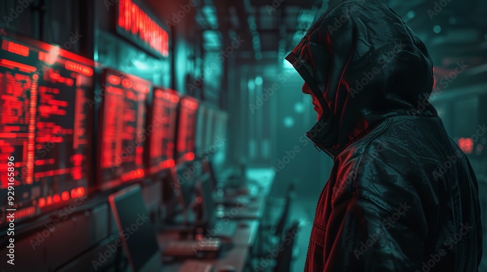 cybersecurity, Back view of hacker in hoodie working with computer on dark background. Hacking and malware concept cybersecurity, Back view of hacker in hoodie working with computer on dark background. Hacking and malware concept