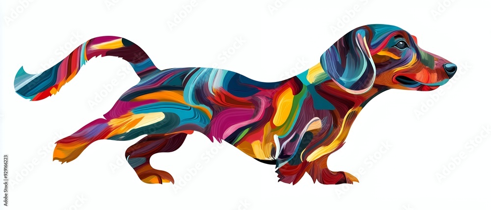 Obraz premium A colorful, abstract representation of a dachshund in motion.