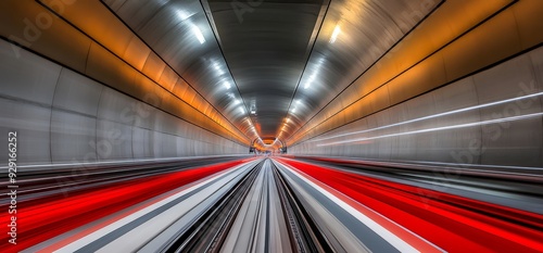 Race track in an underground space with dark grey and red design, illuminated by spotlights