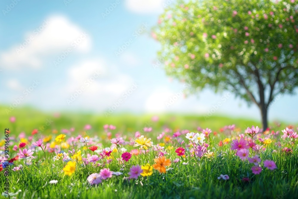 Blur background of colorful vibrant flower field surrounded grass field and tree. Spring and nature conservation concept. with generative ai Blur background of colorful vibrant flower field surrounded grass field and tree. Spring and nature conservation concept. with generative ai