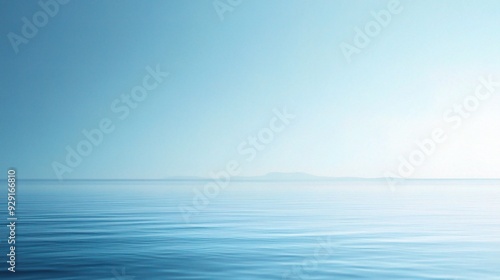 Serene Horizon: A tranquil seascape bathed in soft, ethereal light, with a distant island silhouette on the horizon, evokes serenity, peace, and the vastness of the ocean. 