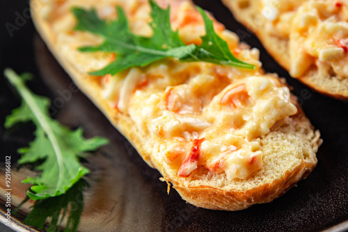 Photos salad spread surimi and crab sticks, mayonnaise smorrebrod fresh meal food snack
