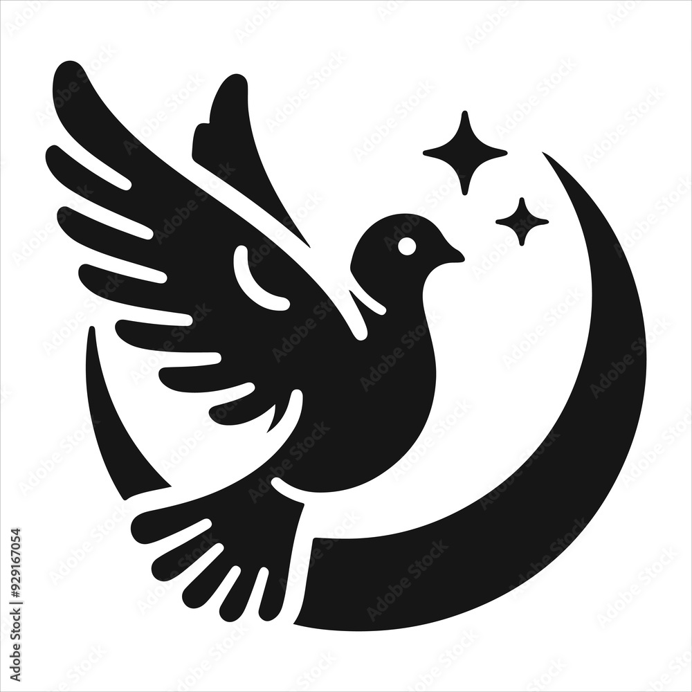 The vector silhouette of a dove on a white backdrop The vector silhouette of a dove on a white backdrop