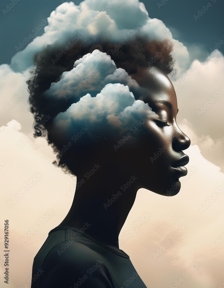Cloudy Head- A person with their head in the clouds, half visible, symbolizing daydreaming, confusion, or mindfulness Cloudy Head- A person with their head in the clouds, half visible, symbolizing daydreaming, confusion, or mindfulness