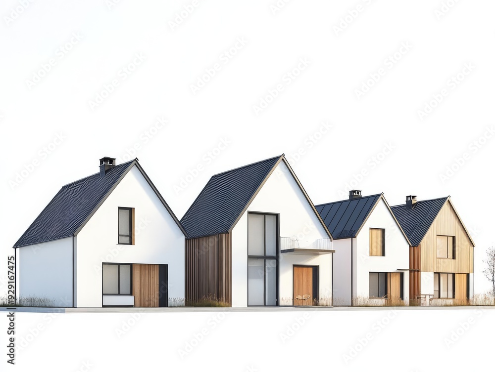 Modern village, Scandinavianstyle homes with minimalist design, white background, 3D illustration Modern village, Scandinavianstyle homes with minimalist design, white background, 3D illustration