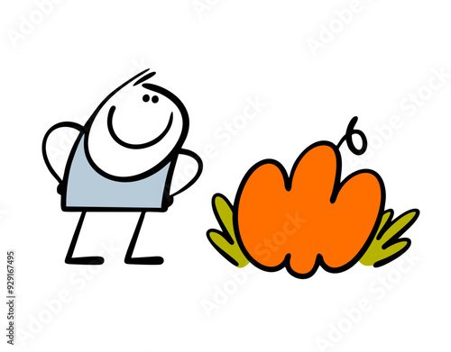 Cute satisfied farmer looks at a huge pumpkin in the garden. Vector illustration of a successful harvest. Doodle cartoon worker found a Halloween decoration in grass.