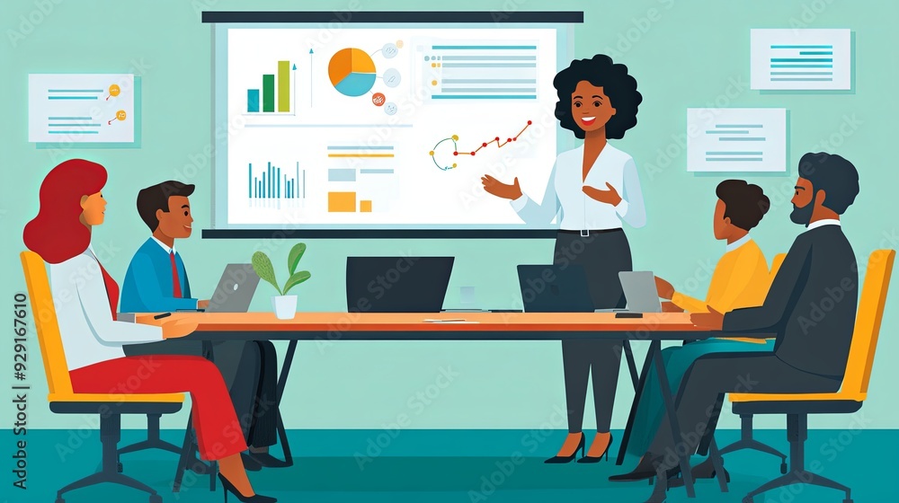 Afro American businesswoman giving presentation screen graph chart data Afro American businesswoman giving presentation screen graph chart data