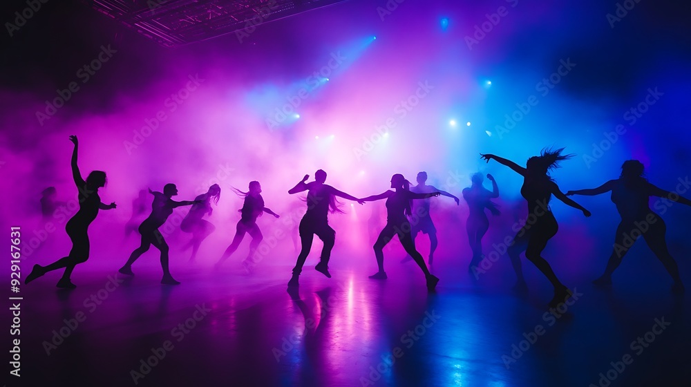 dancers in flowing dresses, silhouetted against colorful light and smoke. dancers in flowing dresses, silhouetted against colorful light and smoke.