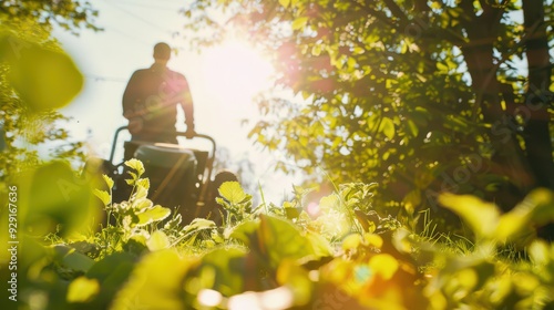 Low-angle view of a man mowing the grass with a lawnmower, surrounded by fresh spring growth in his backyard. Sunlight filters through the leaves, highlighting the neatness and care in the gardening photo