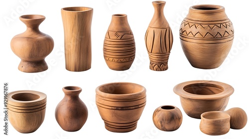  variety of wooden objects, including bowls, vases, pots, and a spoon.