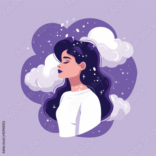 Dreamy illustration of a woman with clouds and stars in her hair.

