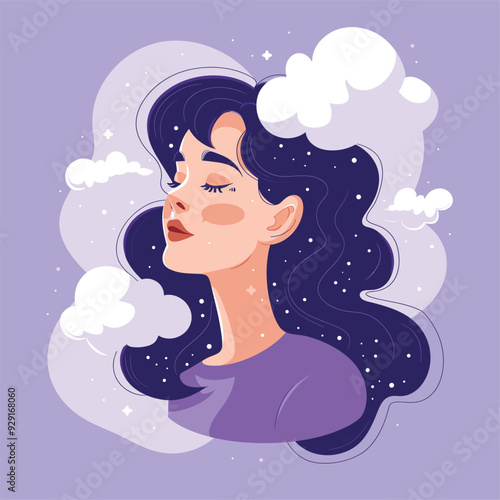 Dreamy illustration of a woman with clouds and stars in her hair.


