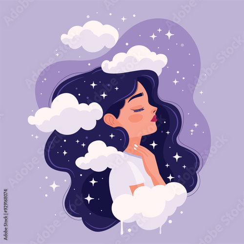 Dreamy illustration of a woman with clouds and stars in her hair.

