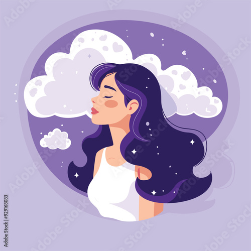 Dreamy illustration of a woman with clouds and stars in her hair.