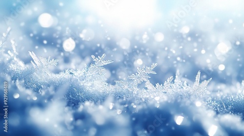 Winter Wonderland: A close-up view of delicate snowflakes sparkling in the soft, pristine snow. The crystalline beauty of winter, captured in a captivating macro shot. 