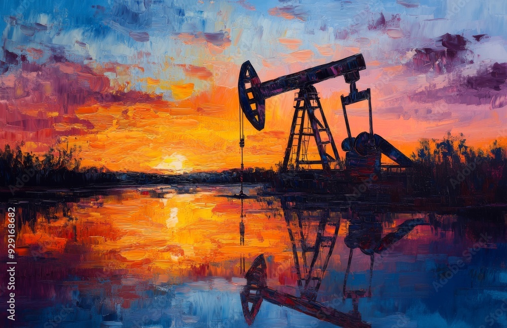 Oil pumpjack during a vibrant sunset with reflection on water, oil painting style Oil pumpjack during a vibrant sunset with reflection on water, oil painting style