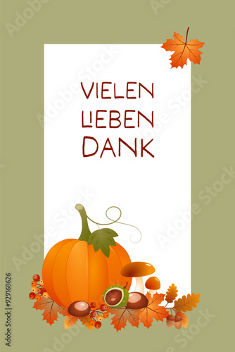 Vielen lieben Dank - Schriftzug in deutscher Sprache. Herbstliche Karte mit einem Kürbis, Blättern und Beeren auf einem grünen Rahmen.