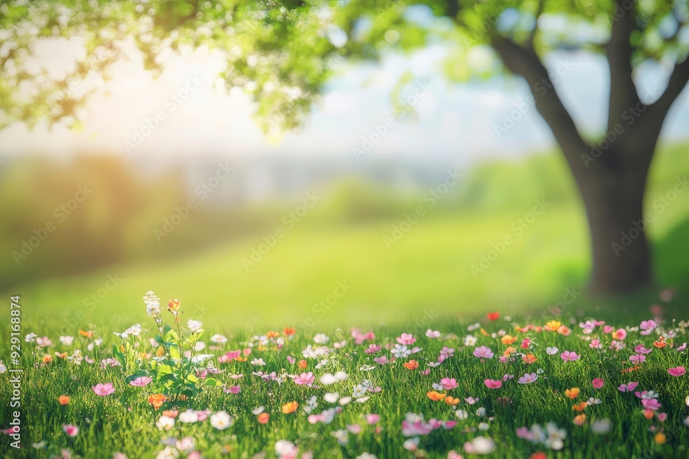 Obraz premium Blur background of colorful vibrant flower field surrounded grass field and tree. Spring and nature conservation concept. with generative ai