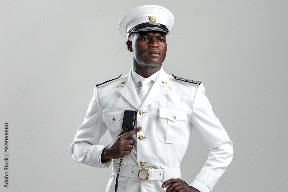 An African American security guard in a white uniform, holding a walkie talkie, standing isolated as a symbol of defense and protection.