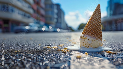  Melted ice cream cone lying on the street on a sunny day, symbolizing the fleeting nature of summer treats, with a blurred city background. photo