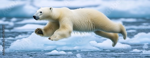 Canvas-taulu A polar bear leaps between ice floes in the arctic ocean.