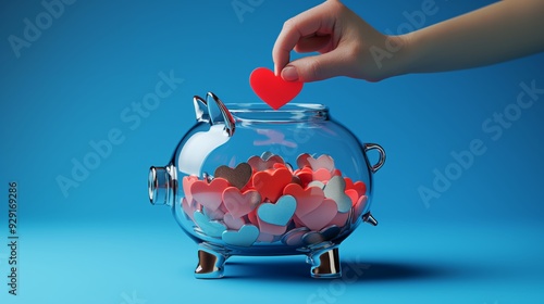 Hand placing a red heart into a glass piggy bank filled with colorful hearts, symbolizing love and saving on a bright blue background. photo