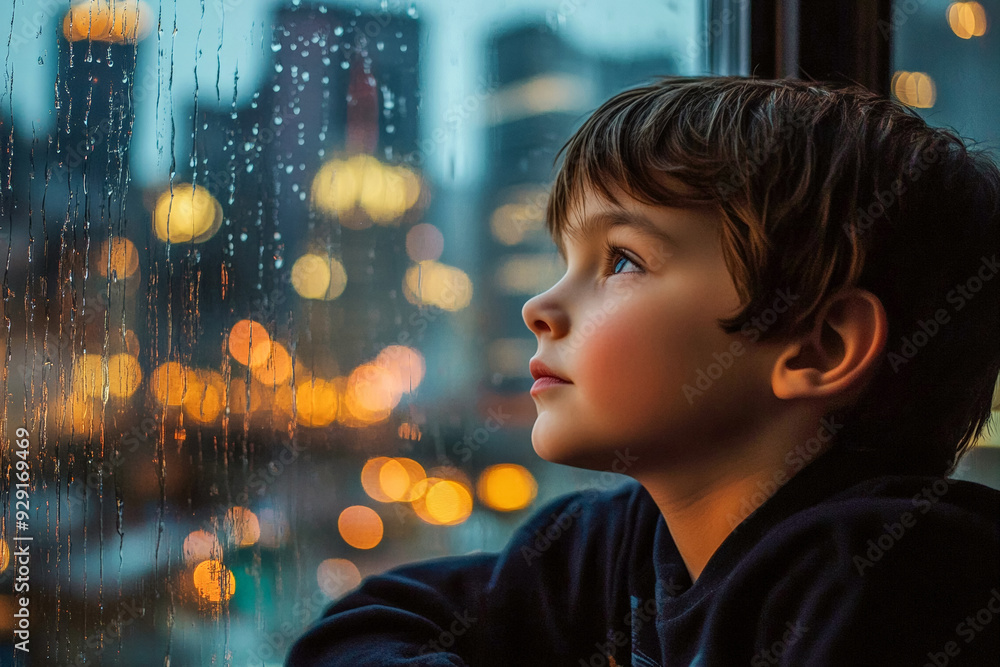 Portrait dreaming young boy looking out rainy window with city lights in blurred background. Generative AI Portrait dreaming young boy looking out rainy window with city lights in blurred background. Generative AI