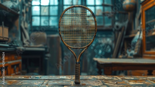 A tennis racket lies forgotten on the floor of a church, casting a long shadow. photo